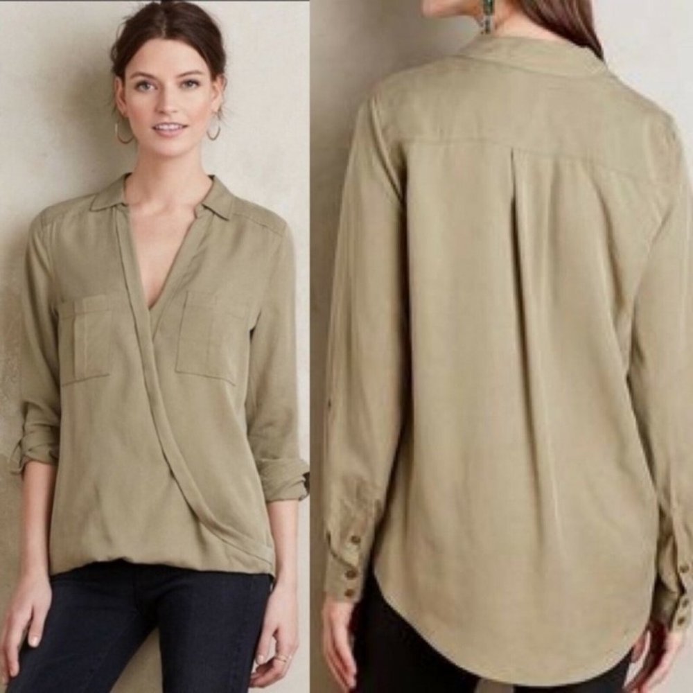 Anthropologie Army Green Faux Wrap Top Blouse Size 0 Holding Horses Olive Boho